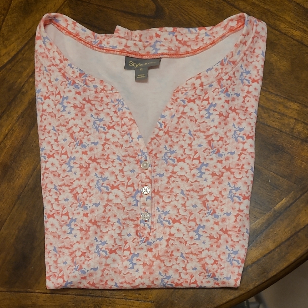 Style & Co. Women's Floral Henley Top - Pink and Blue
